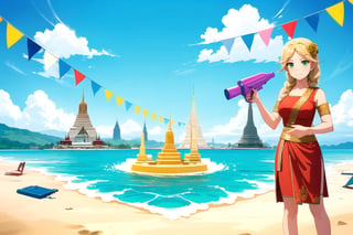 //Quality, (masterpiece), (best quality), 8k illustration,
//Character,
1girl , solo, 

 ,,Laykus, long hair, blonde hair, green eyes, hair ornament, one-sided big braid hair, one blue rose on her head,Songkran Festival,

water splash, water festival, water gun, sand castle, water bucket, golden pagoda, golden temple, festival flags, effect of flowing water, colorful style, Thailand decoration, colorful swimming glasses,

joyfully splashing water during the Songkran festival, capturing the vibrant atmosphere of celebration.