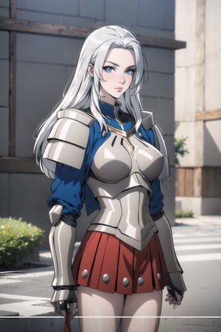1girl, solo, looking at the viewer, short skirt,, Confidence and pride,, beauty, masterpiece, best quality,, pastel,,,,Scama,, , silver hair, long straight hair, female knight, knight girl, silver armor, blue eyes, silver helmet, silver headgear, gauntlet, red skirt, blue cloak, shoulder armor