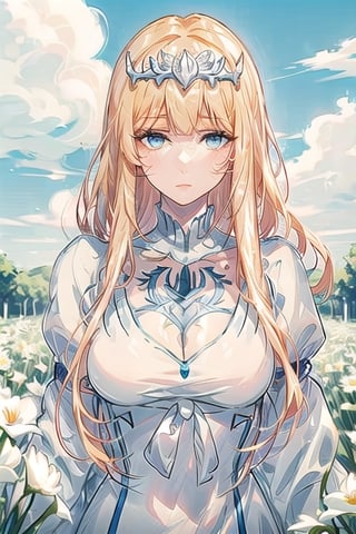 A girl buried in a flowers,
flower garden, blue sky, clouds, scenery, Detailedface, high_res, high quality, masterpiece, 8K , calca, blonde hair, extremely long hair, very long hair, medium breast, white tiara, white dress, blue eyes
