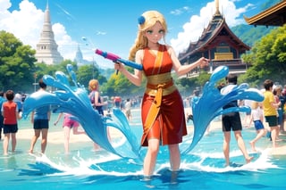 //Quality, (masterpiece), (best quality), 8k illustration,
//Character,
1girl , solo, 

 ,,Laykus, long hair, blonde hair, green eyes, hair ornament, one-sided big braid hair, one blue rose on her head,Songkran Festival,

water splash, water festival, water gun, sand castle, water bucket, golden pagoda, golden temple, festival flags, effect of flowing water, colorful style, Thailand decoration, colorful swimming glasses,

joyfully splashing water during the Songkran festival, capturing the vibrant atmosphere of celebration.