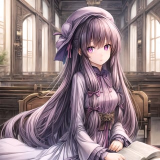 Natural Light, (Best Quality, highly detailed, Masterpiece), ((wide shot)), 
(beautiful and detailed eyes), (realistic detailed skin texture), (detailed hair), 1girl, long hair, , sitting, , , upper body, , solo focus, , , indoors, ,library, gothic and victorian style library, looking away, , ,((perfect anatomy)), ((Ancient Chinese painting)), (clean outline), (sketch style line art),patchouli_knowledge, ,, ,,,, double sidelock, dark pink ribbons, blue ribbons extremely long hair, dark purple hair, purple eyes, light purple dress, light purple hat, hat ornament, long sleeve, , emotionless face, little girl, cute girl