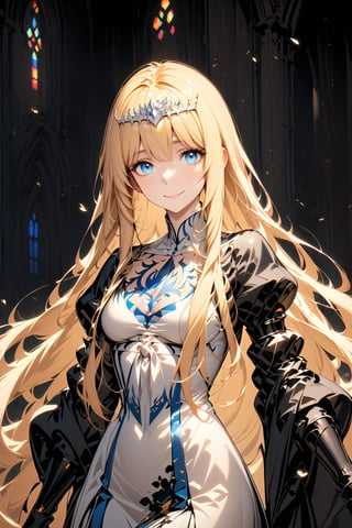 1 girl, blue eyes, blonde hair, long hair,  warm  smile, beautiful eyes, detailed face, close-up image, double exposure.  Eyes,Beautiful eyes,INK,Calca, 1girl, solo, calca, blonde hair, , medium chest, extremely long hair, very long hair, extra long hair, white tiara, white dress, blue eyes, indoor, inside the cathedral, gothic style cathedral, beautiful stained glass, light 