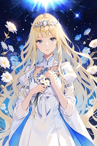 solo, looking at viewer, , 1girl, ,  upper body, flower, female focus, , parted lips, , gradient hair, holding flower,,Calca, , Calca Bessarez, blonde hair, extremely long hair, very long hair, white tiara, white dress, blue eyes, medium chest