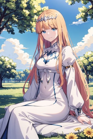  looking at viewer, smile, , ,, sitting, very long hair, closed mouth, , flower, , outdoors, sky, day, , cloud, , , vest, tree, blue sky, , nature, , yellow flower, 1girl, solo, Calca, Calca Bessarez, blonde hair, extremely long hair, very long hair, white tiara, white dress, blue eyes, medium chest,