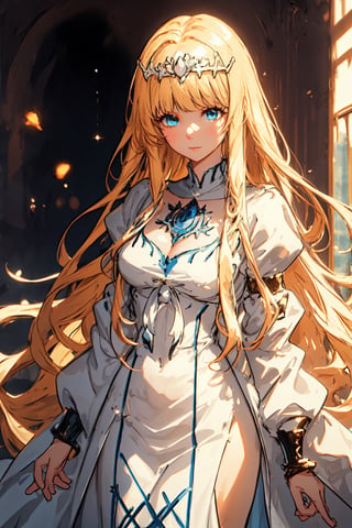 beautiful and charming girl, light blue iris, image focused only on the character's gaze, Beautiful eyes,masterpiece,Detail,best quality, 1girl, solo, calca, blonde hair, , medium chest, extremely long hair, very long hair, extra long hair, white tiara, white dress, blue eyes,
