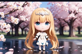  petite girl, full body, chibi, 3D figure little girl, , , beautiful girl with attention to detail, beautiful delicate eyes, detailed face, beautiful eyes, dynamic beautiful pose, cherry blossom viewing, cherry blossoms, cherry blossom petals, natural light, ((real) ) quality: 1.2 )), dynamic long distance shot, cinematic lighting, perfect composition, super detail, official art, masterpiece, (Best Quality: 1.3), Reflection, High Resolution CG Unity 8K Wallpaper, Detailed Background, Masterpiece, (Photorealistic): 1.2), Random Angle, Side Angle, Chibi, Full Body, 1girl, solo, Calca, Calca Bessarez, blonde hair, extremely long hair, very long hair, white tiara, white dress, blue eyes, medium chest,medium breast