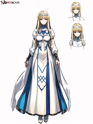 //Quality,
masterpiece, best quality
,//Character,
1girl, solo
,//Fashion,
,//Others,
Calca, blonde hair, long hair, white tiara, white dress, blue eyes, character sheet, mono color background