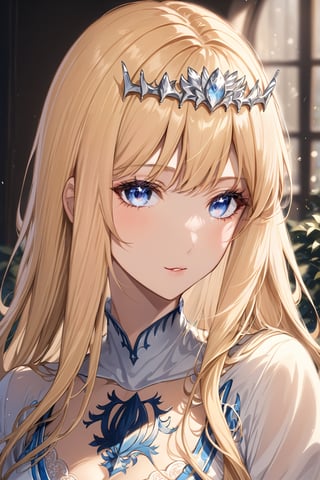 ((top quality)), ((masterpiece)), portrait view of a girl,  , intricate details, highly detailed eyes, highly detailed mouth, cinematic image, illuminated by soft light,photo of perfecteyes eyes, 1girl, solo, Calca, Calca Bessarez, blonde hair, extremely long hair, very long hair, white tiara, white dress, blue eyes, medium chest,