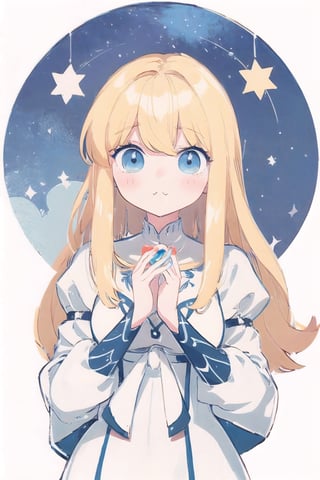 (cute illustration:1.4),(fuwafuwa illustration:1.3),masterpiece, 1girl, blonde hair,（Holding glowing stars in both hands：1.6）,better_hands, calca, extremely long hair, white dress, blue_eyes, long_sleeves
