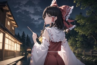 (Best Quality, 8K, ultra-detailed, Masterpiece: 1.3), brown hair, hair bow,hair tubes, tabard,long dress,hakurei reimu, high colors, beautiful lake, beautiful forest, outdoor, night time, bright sky