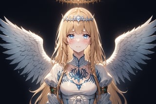 Generate hyper realistic image of a beautiful  celtic girl looking directly at the viewer.  ,light blue eyes, Sweet face and gaze, in a luxurious room,  (intricate details), highly detailed, vibrant, production film, ultra high quality photography style, Extremely Realistic,anime,  1angel, very large white wings, big pairs of wings from her shoulder,  solo, Calca, Calca Bessarez, blonde hair, extremely long hair, very long hair, white tiara, white dress, blue eyes, medium chest, face focus, close up, crying, crying_with_eyes_open, crying_tears, sadness, a lot of tears on her face, flowing tears, giant white wings,AngelStyle