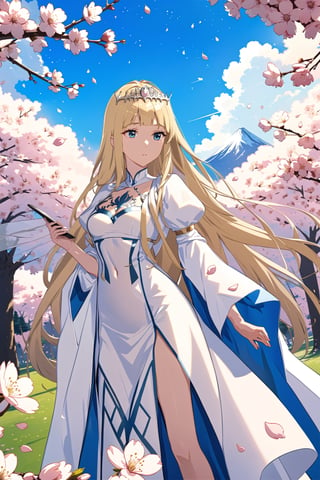  , cherry blossoms, screenshot, , phone screen, ,cherry blossom petals in background ,Movie Poster,  1girl, solo, Calca, Calca Bessarez, blonde hair, extremely long hair, very long hair, white tiara, white dress, blue eyes, medium chest