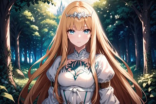 Generate hyper realistic image of a beautiful  celtic girl looking directly at the viewer.  ,light blue eyes, Sweet face and gaze, in a green forest background, (intricate details), highly detailed, vibrant, production film, ultra high quality photography style, Extremely Realistic,anime,  1girl, solo, Calca, Calca Bessarez, blonde hair, extremely long hair, very long hair, white tiara, white dress, blue eyes, medium chest