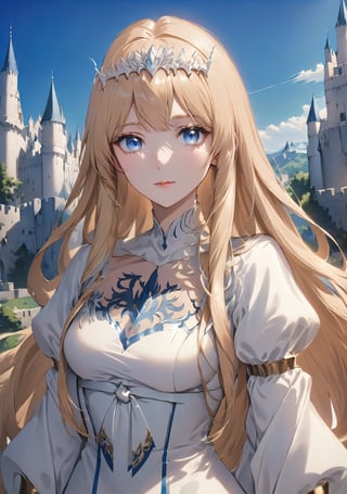 ,Elegant,Portrait Photogram,detailed gorgeous face,  1girl, solo, Calca, Calca Bessarez, blonde hair, extremely long hair, very long hair, white tiara, white dress, blue eyes, medium chest, castle background, beautiful scenery, outdoor, bright sky