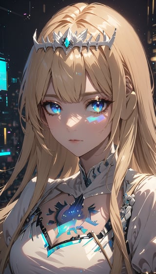 1girl, solo series, ,  eyeliner, eye shadow, makeup, , portrait, looking at the viewer, cyberpunk, , hologram, glitch, holographic face, ui, interface, nodes, particles, depth of field, bokeh, masterpiece, best quality, very aesthetically pleasing, absurd,  Calca, Calca Bessarez, blonde hair, extremely long hair, very long hair, white tiara, white dress, blue eyes, medium chest,