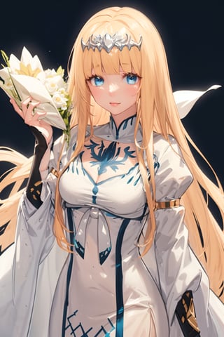 one girl, 
beautiful hands
,masterpiece,best quality, calca, blonde hair, long hair, medium chest, extremely long hair, very long hair, extra lonh hair, white tiara, white dress, blue eyes