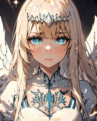  symbol-shaped pupils, goddess, galaxy, light particles, light rays, wallpaper, high contrast, colorful,  1angel, very large white wings, solo, Calca, Calca Bessarez, blonde hair, extremely long hair, very long hair, white tiara, white dress, blue eyes, medium chest