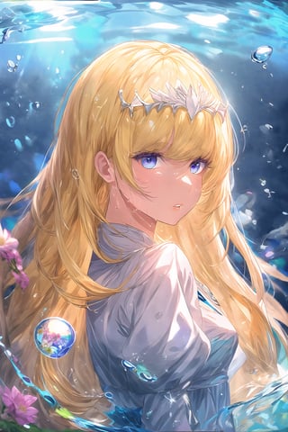 1girl, solo, looking at viewer, , upper body, flower, , , parted lips, , from side, lips, , eyelashes, portrait, purple flower, wet, portrait, bubble, water drop,  Calca, , , calca, blonde hair, medium chest, extremely long hair, very long hair, extra long hair, white tiara, white dress, blue eyes,Calca Bessarez
