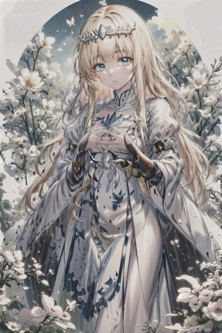  standing, spring season, CrclWc,,
masterpiece, beautiful details, perfect focus, 8K wallpaper, high resolution, exquisite texture in every detail,  1girl, solo, Calca, Calca Bessarez, blonde hair, extremely long hair, very long hair, white tiara, white dress, blue eyes, medium chest,
