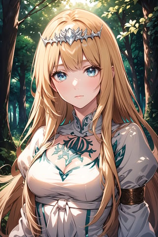 Generate hyper realistic image of a beautiful  celtic girl looking directly at the viewer.  ,light blue eyes, Sweet face and gaze, in a green forest background, (intricate details), highly detailed, vibrant, production film, ultra high quality photography style, Extremely Realistic,anime,  1girl, solo, Calca, Calca Bessarez, blonde hair, extremely long hair, very long hair, white tiara, white dress, blue eyes, medium chest
