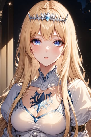 ((top quality)), ((masterpiece)), portrait view of a girl,  , intricate details, highly detailed eyes, highly detailed mouth, cinematic image, illuminated by soft light,photo of perfecteyes eyes, 1girl, solo, Calca, Calca Bessarez, blonde hair, extremely long hair, very long hair, white tiara, white dress, blue eyes, medium chest,