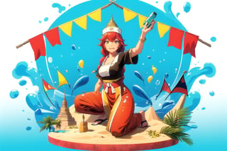 (masterpiece), (best quality), 8k illustration,
//Character,
, 1girl, solo,, ,
//Fashion,
//Background,
, ,lupusregina beta,1girl, solo,Songkran Festival,

 water splash, water festival, water gun, sand castle, water bucket, golden pagoda, golden temple, festival flags, effect of flowing water, colorful style, Thailand decoration, colorful swimming glasses,

 an image of traditional Thai dancers performing amidst colorful water splashes, symbolizing the cultural significance of Songkran.