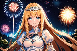 Generate hyper realistic image of a beautiful  celtic girl looking directly at the viewer.  ,light blue eyes, Sweet face and gaze, night time, firework background celebrated 1st anniversary, (intricate details), highly detailed, vibrant, production film, ultra high quality photography style, Extremely Realistic,anime,  1girl, solo, Calca, Calca Bessarez, blonde hair, extremely long hair, very long hair, white tiara, white dress, blue eyes, medium chest, smile, happy, mouth_open