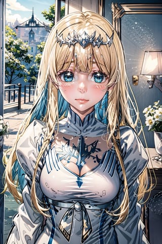 1girl, solo, mature female, 25-year old, looking at viewer, blush, , ,  closed mouth, blue hair,upper body,  indoors,  door, peeking out, open door,  Calca, Calca Bessarez, blonde hair, extremely long hair, very long hair, white tiara, white dress, blue eyes, medium chest