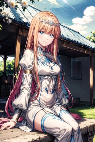 1girl, solo, looking at viewer, smile, bangs, sitting, closed mouth,  outdoors,  colorful flowers around, sky, sun reflection, cottages, Calca, Calca Bessarez, blonde hair, extremely long hair, very long hair, white tiara, white dress, blue eyes, medium chest