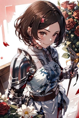 , 1girl, solo, ,, smile, Valentine theme, , medieval age, red theme, , red roses decoration, remedios, brown hair, short hair, shoulder armor, white hair band, brown eyes, pink arm armor, pink uniform, pink knight, flower shop, flowers, botanical garden, holding red roses, a bunch of red roses