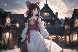 (Best Quality, 8K, ultra-detailed, Masterpiece: 1.3), brown hair, hair bow,hair tubes, tabard,long dress,hakurei reimu, high colors, gothic victorian mansion as a backgorund, red sky, outdoor,, full moon, huanted mansion, 