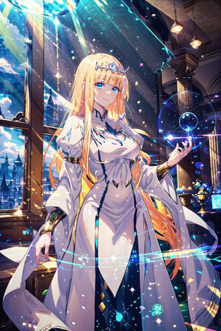 (best quality,  best quality: 1.3),  (sharp quality),  perfect beautiful woman: 1.5,1girl, smile,  fantasy, magic circle,  light particles,  light rays, interior,holographic interface,Beautiful scenery, fantasy world, calca, blonde hair, extremely long hair, very long hair, medium breast, white tiara, white dress, blue eyes