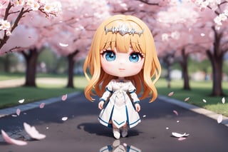  petite girl, full body, chibi, 3D figure little girl, , , beautiful girl with attention to detail, beautiful delicate eyes, detailed face, beautiful eyes, dynamic beautiful pose, cherry blossom viewing, cherry blossoms, cherry blossom petals, natural light, ((real) ) quality: 1.2 )), dynamic long distance shot, cinematic lighting, perfect composition, super detail, official art, masterpiece, (Best Quality: 1.3), Reflection, High Resolution CG Unity 8K Wallpaper, Detailed Background, Masterpiece, (Photorealistic): 1.2), Random Angle, Side Angle, Chibi, Full Body, 1girl, solo, Calca, Calca Bessarez, blonde hair, extremely long hair, very long hair, white tiara, white dress, blue eyes, medium chest,medium breast