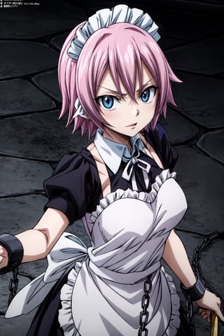, anime girl, a nice dress, anime girl in a maid costume, clean detailed anime art, clean anime art, official art, ,1girl, maid dress, white apron,, pink hair, short hair, blue eyes, blue eyes, white maid headband, thick iron bracelets with very long chain, holding chain as a weapon,virgoft