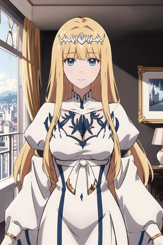 1girl, solo,, (mature female), , , standing, anime screencap, , upper body, luxurious room, (facing viewer:1.2), (looking at viewer:1.2), Calca, Calca Bessarez, blonde hair, extremely long hair, very long hair, white tiara, white dress, blue eyes, medium chest, castle background, beautiful scenery