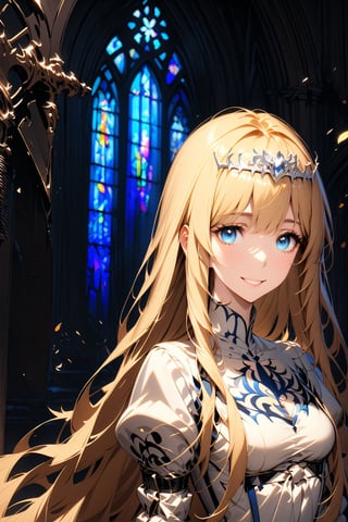 1 girl, blue eyes, blonde hair, long hair,  warm  smile, beautiful eyes, detailed face, close-up image, double exposure.  Eyes,Beautiful eyes,INK,Calca, 1girl, solo, calca, blonde hair, , medium chest, extremely long hair, very long hair, extra long hair, white tiara, white dress, blue eyes, indoor, inside the cathedral, gothic style cathedral, beautiful stained glass, light 