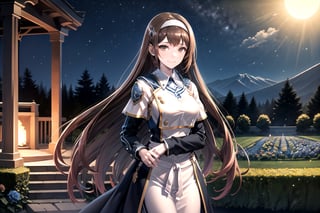 //Quality,
masterpiece, best quality
,//Character,
1girl, solo
,//Fashion,
,//Background,
night, Rose garden
,//Others,
 blue roses, 1girl, ,Kelart, extremely long hair, brown hair, white hairband, brown eyes, medium chest, black sleeve, white outfit, black long skirt