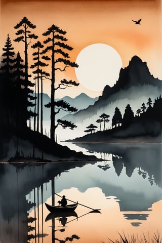 ink scenery, no humans, lake, trees, sunset, muted colors, boat on the water, reflection. river valley in the middle of the forest, negative space, chinese ink drawing