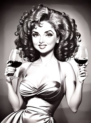 Create a fun exaggerated caricature coloring book style outline only illustration of a woman, early 20s, attractive, sexy curvaceous,  prom dress, freckles, long curly  hair, sexy eyes, high cheekbones, holding a super large glass of wine, a fun provocative caricature colouring book illustration style, no colour, full body shot, by akihiko yoshida, Alexander Saroukhan. White background,PECaricature,halsman