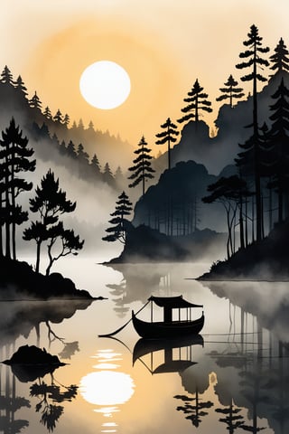 A serene Chinese ink drawing depicts a tranquil scene: a misty lake reflects the muted hues of a setting sun, casting a warm glow on the surrounding trees and the boat drifting calmly on the water's surface. The river valley, nestled in the heart of the forest, creates a sense of negative space, drawing the viewer's eye to the subtle interplay of light and shadow.