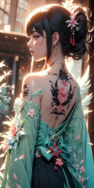 Super detailed masterpiece 8k, realistic, 1 girl, (beautiful face)++ A girl, (showing off her entire back with superb Japanese dragon ,phoenix ,flower,tattoo), yakuza style, bright colors, dragon, cherry blossoms, Mount Fuji, geisha god Wind Squad Red Sunwave is simply a work of art and so much more. Fills the entire back. Close-up on her back, contrasting with the girl's beautiful lines on a simple Japanese style background,more detail XL,glass