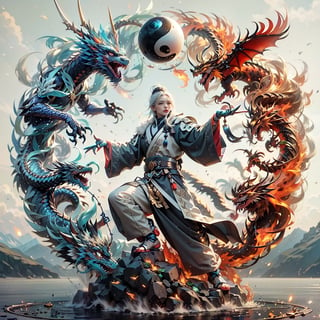 long sleeves, 1boy, standing, full body, male focus, outdoors, wide sleeves, bird, chinese clothes, fire, claws, rock, dragon, yin yang, orb, eastern dragon
