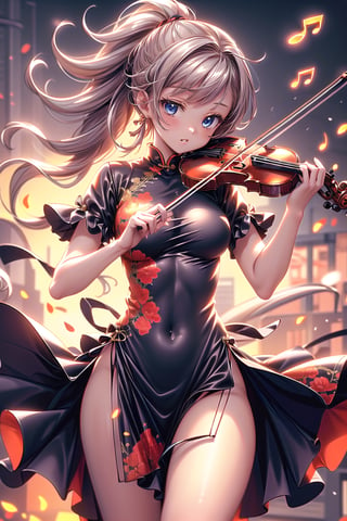 1girl, solo, long hair, breasts, looking at viewer, blush, bangs, blue eyes, hair ornament, dress, holding, jewelry, medium breasts, very long hair, standing, ponytail, white hair, short sleeves, thighs, cowboy shot, earrings, parted lips, covered navel, floating hair, blue dress, chinese clothes, floral print, instrument, china dress, pelvic curtain, side slit, green dress, music, playing violin, holding violin, print dress, aqua dress,violin,DonMN1x13