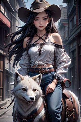 1girl, solo, long hair, breasts, shirt, black hair, hat, braid, pants, off shoulder, denim, jeans, riding, tied shirt,arctic fox, cowboy hat, arctic foxback riding, cowboy  western, saddle