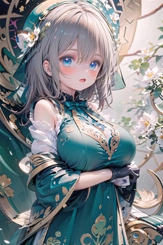 huge breasts,Masterpiece, beautiful details, perfect focus, uniform 8K wallpaper, high resolution, exquisite texture in every detail,(((background Blur: 2))),((upper body:2)),
 blue eyes, clear sparkling deep eyes, smiling, happy,open mouth,St. Patrick's Day, celts, Clover, formal hat, hat, solo, green_eyes, 1girl, long_hair, green_headwear, green_dress, brown_hair, long_sleeves, full_body, standing, smile, green_skirt, dress, looking_at_viewer, black_footwear, flower, socks, white_legwear, closed_mouth, white_flower, frills, wide_sleeves, shoes, pointy_ears, very_long_hair, bow, green_theme, gloves, green_footwear, black_gloves, sleeves_past_wrists, holding celts,((off shoulder:1.5)),
pastel,perfect light,cartoon,anime,graffiti,perona,1girl,one girl,Lucky Clover,huge breasts