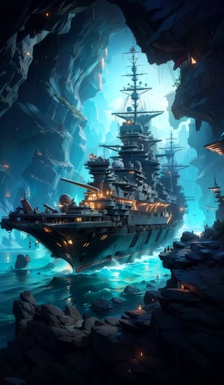 A serene lake surrounded by towering rocky cliffs serves as a backdrop for a majestic naval vessel. A sleek warship glides effortlessly across the calm waters, its metallic surface reflecting the warm sunlight. The surrounding landscape is dotted with scattered rock formations, adding texture to the scenery.