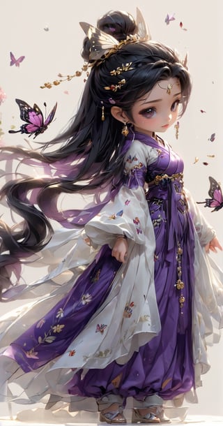 1girl, solo, long hair, looking at viewer, simple background, black hair, hair ornament, long sleeves, white background, dress, jewelry, very long hair, closed mouth, standing, full body, earrings, wide sleeves, hair bun, chibi, facial mark, chinese clothes, bug, butterfly, purple dress, forehead mark, butterfly hair ornament, hanfu