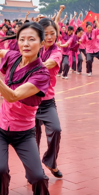 masterpiece,best quality,absurdres,exquisite facial features,,Cinematic Lighting
A group of Chinese aunts danced in the square at Tiananmen Square
 pink shirts are doing tai tai tai tai tai tai tai tai tai tai tai tai, tai chi, chinese ribbon dance, 7 0 years old, 70 years old, she is about 7 0 years old, 3 8 - year - old, inspired by Yang Weizhen, style of guo hua, middle - age, dance meditation