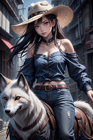 1girl, solo, long hair, breasts, shirt, black hair, hat, braid, pants, off shoulder, denim, jeans, riding, tied shirt,arctic fox, cowboy hat, arctic foxback riding, cowboy  western, saddle