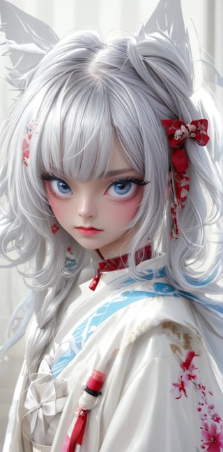1girl, solo, long hair, looking at viewer, bangs, blue eyes, hair ornament, long sleeves, twintails, jewelry, very long hair, standing, full body, white hair, parted lips, japanese clothes, wide sleeves, kimono, sash, blood, obi, floral print, sandals, own hands together, rope, white kimono, absurdly long hair, print kimono,large-eyed ,Movie Still